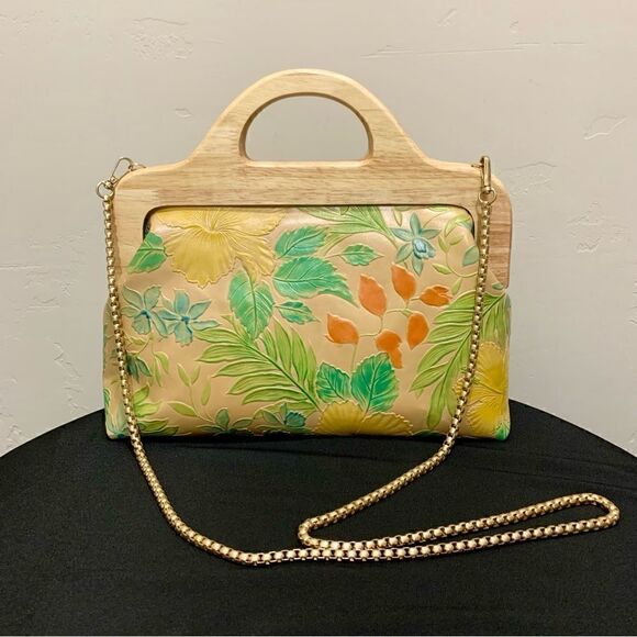 Free Small Clutch With Handmade Genuine Leather Floral Embossed Wooden Frame Bag - Picture 4 of 15